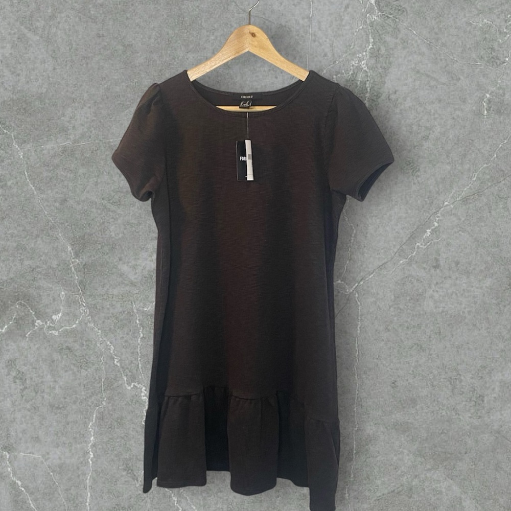 NWT F21 Brown Ribbed Dress with Slight Puff Sleeve and Drop Waist Sz M